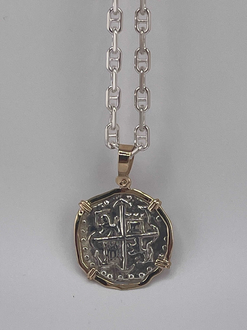 NUESTRA SENORA DE ATOCHA SOLID SILVER COIN PENDANT IN 14KT SOLID GOLD BEZEL