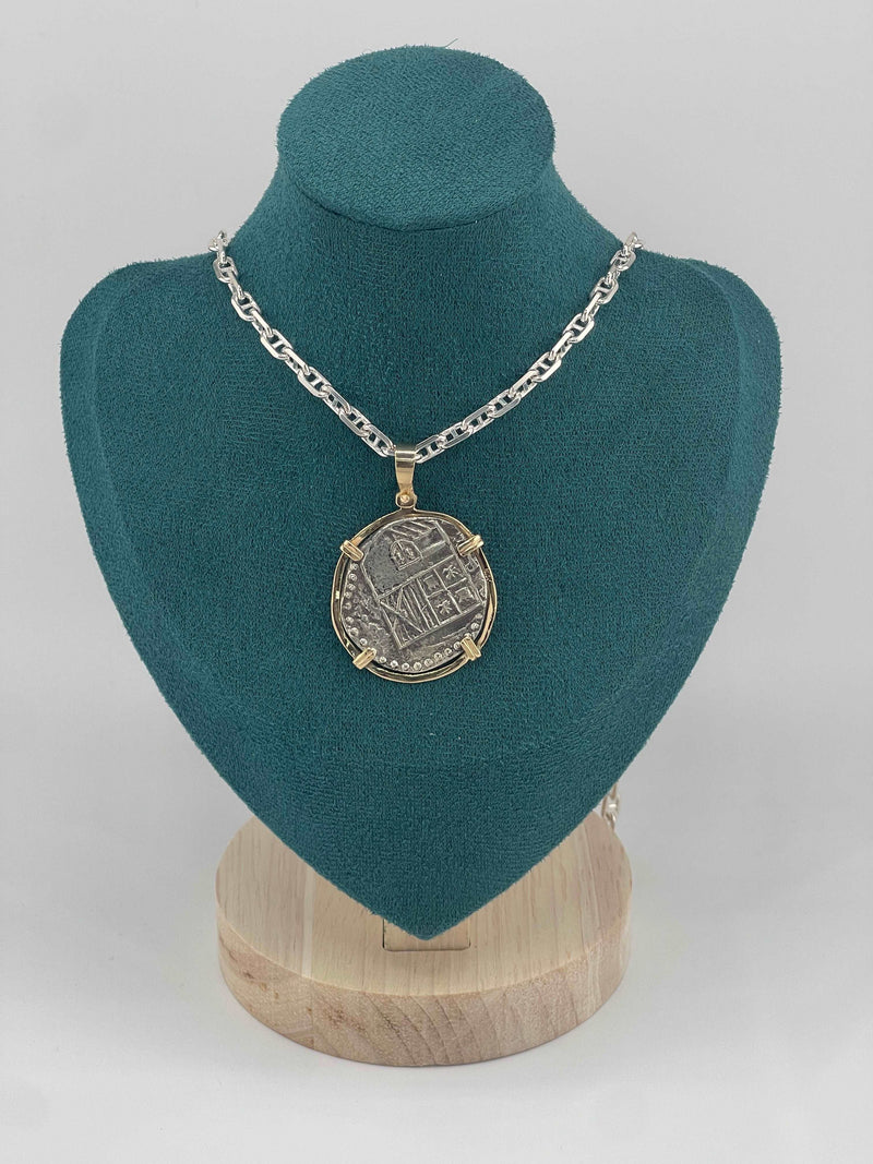 NUESTRA SENORA DE ATOCHA SOLID SILVER COIN PENDANT IN 14KT SOLID GOLD BEZEL