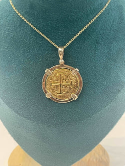 14K SOLID GOLD ATOCHA COIN PENDANT WITH 14K REAL GOLD MINI CHAIN 20”