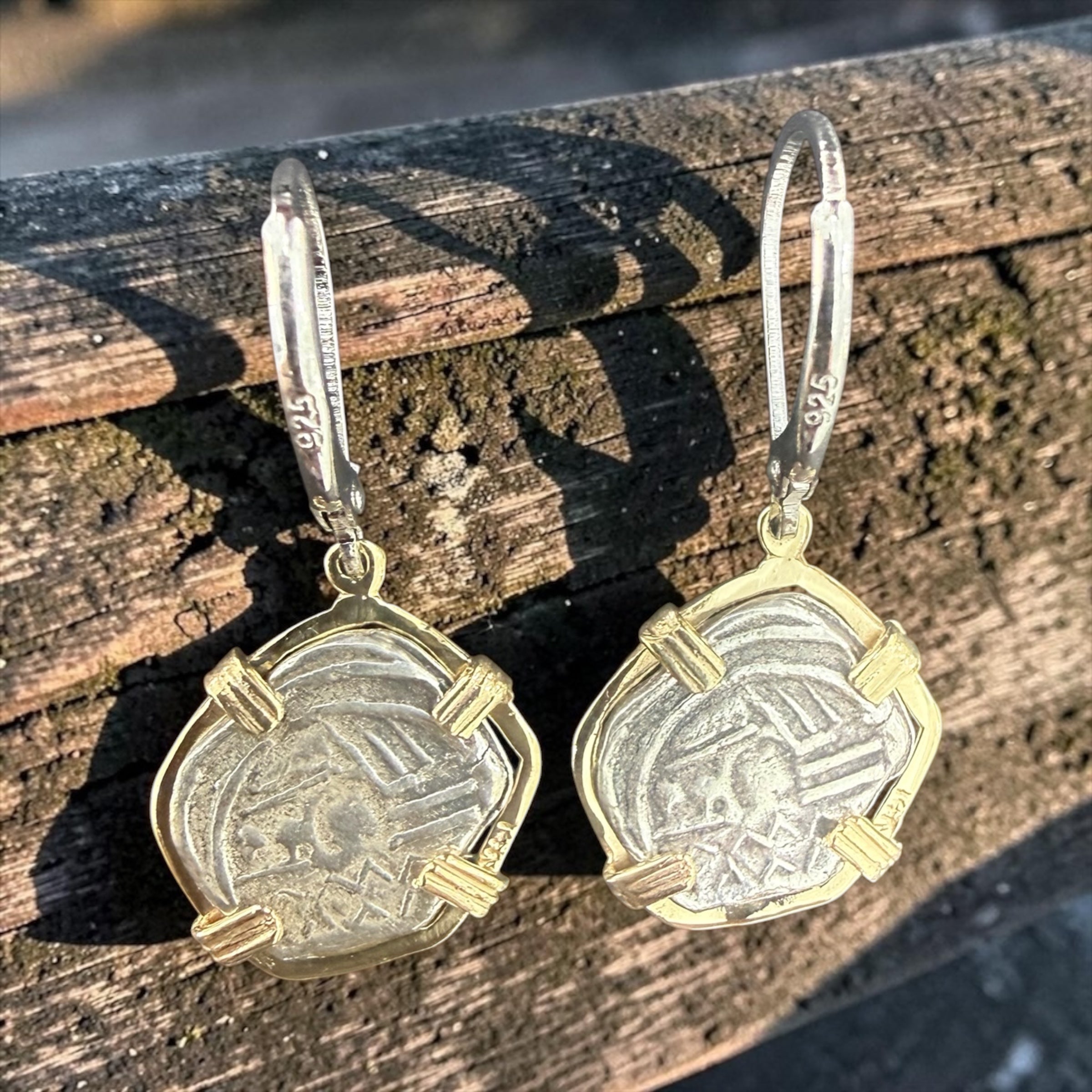 ATOCHA SILVER COIN DANGLE EARRINGS IN 14k GOLD BEZEL 15MM