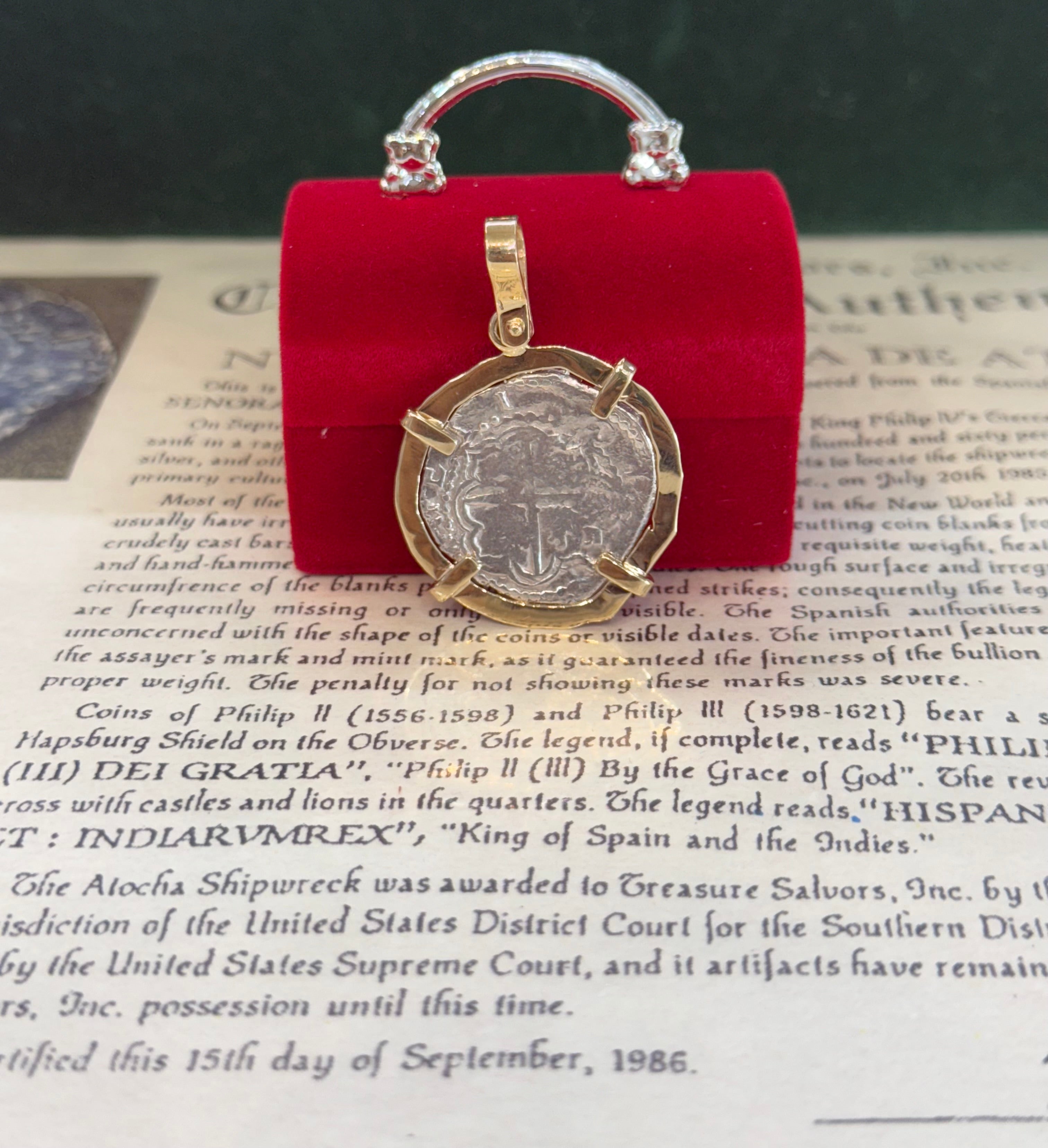 ACTUAL COIN NUESTRA SENORA DE ATOCHA SILVER COIN 2 REALE GRADE 1 Q ASSAYER IN 14K SOLID GOLD BEZEL SHIPWRECK COIN PENDANT
