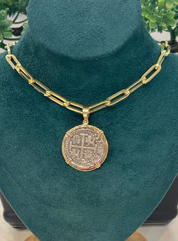 ATOCHA SILVER COIN PENDANT IN 14KT SOLID REAL GOLD BEZEL