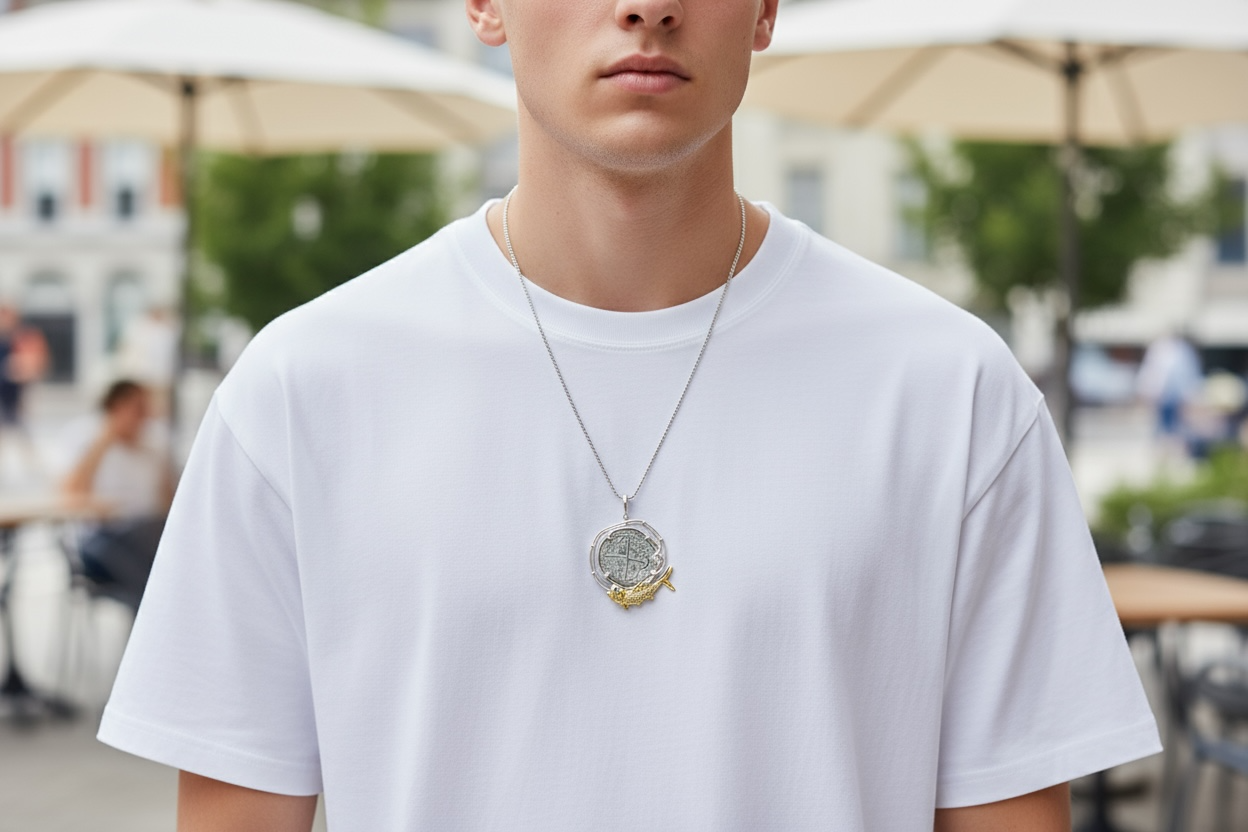Atocha large size silver coin pendant in beautiful hook rope bezel and 14k gold vermeil fish setting on bottom in green crystal eye