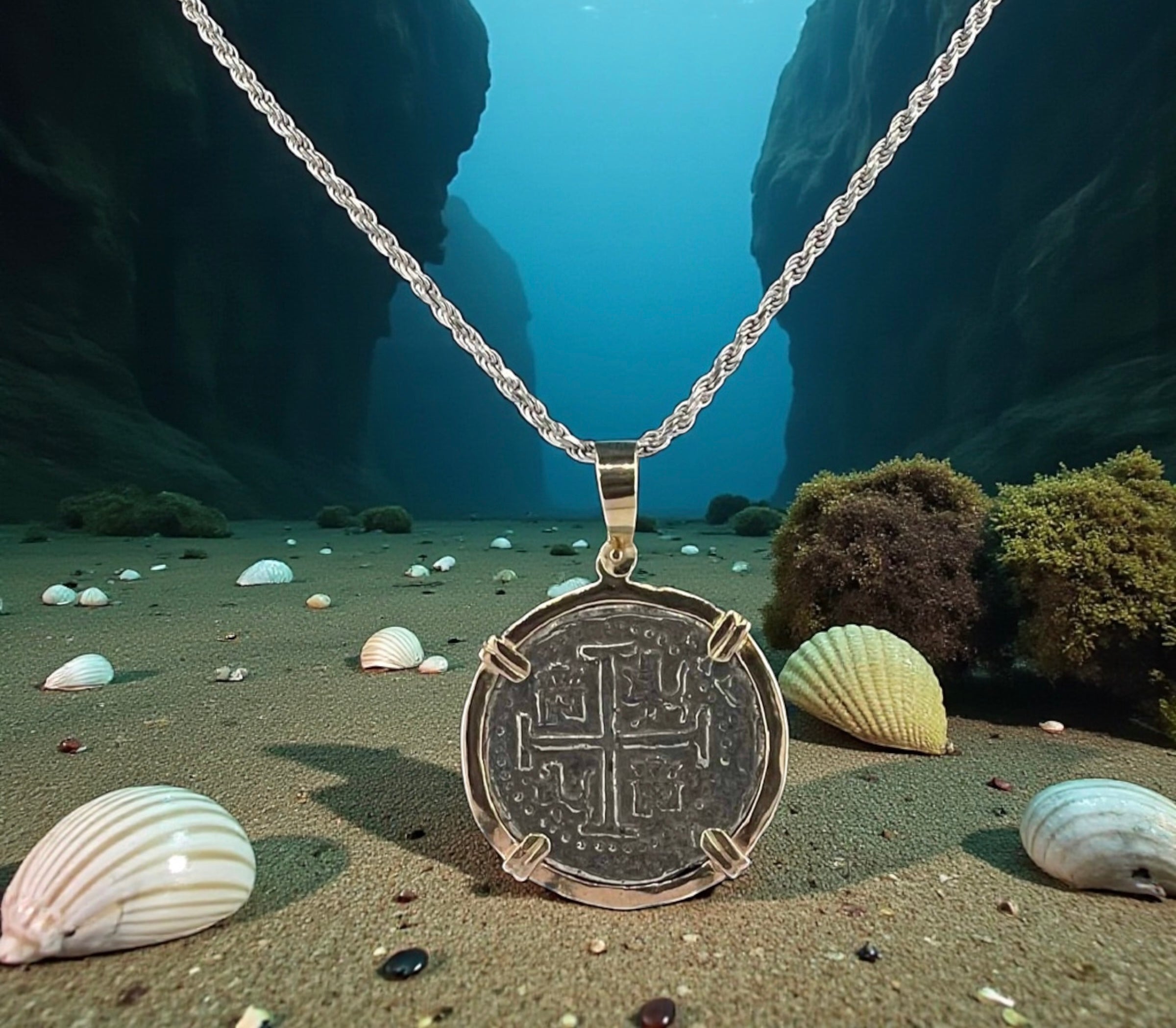 NUESTRA SENORA DE ATOCHA SILVER COIN PENDANT IN 14KT SOLID GOLD BEZEL