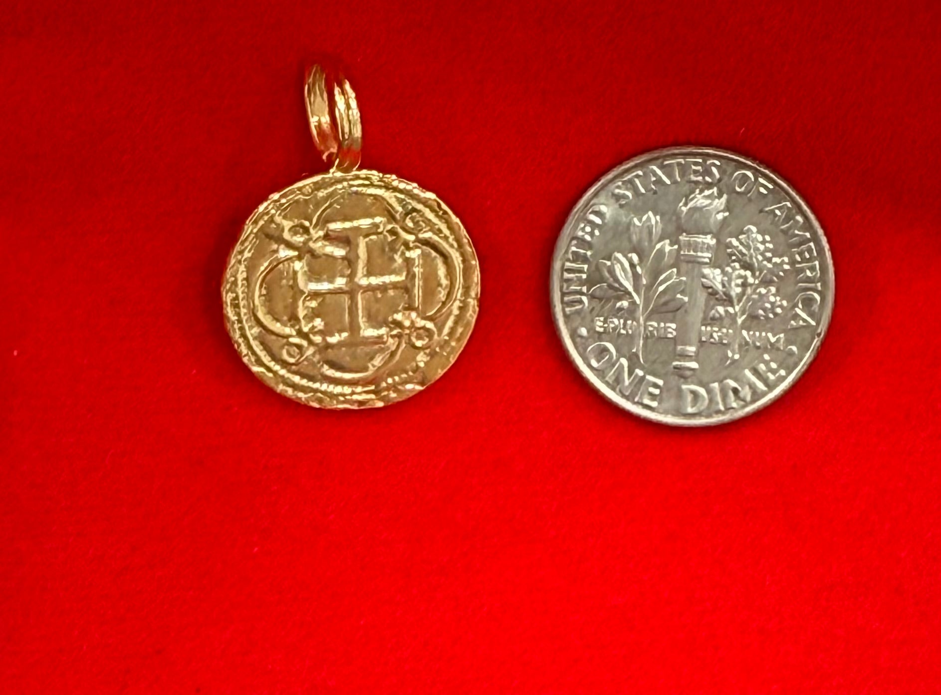 DIME SIZE ATOCHA SHIPWRECK GOLD COIN PENDANT HANDMADE WITH 14K REAL GOLD