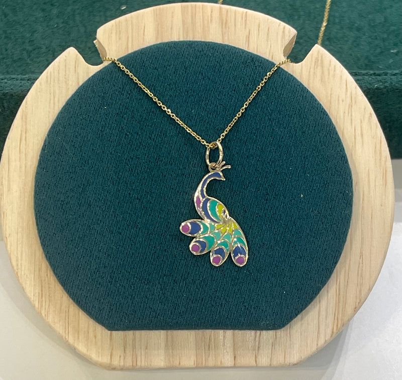 COLORFULL PEACOCK 🦚 PENDANT IN 14K GOLD WITH 14K GOLD CHAIN