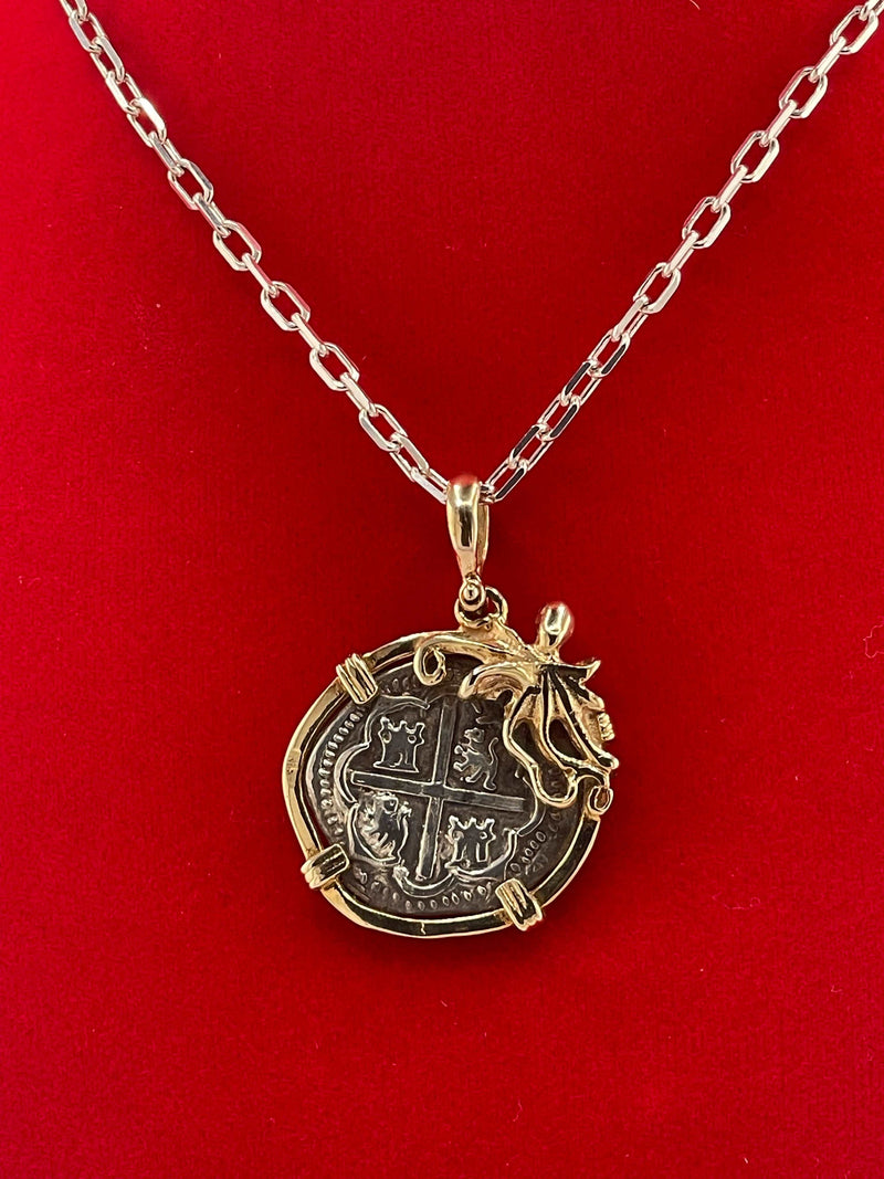 NUESTRA SENORA DE ATOCHA SILVER COIN PENDANT IN 14KT SOLID GOLD OCTOPUS BEZEL