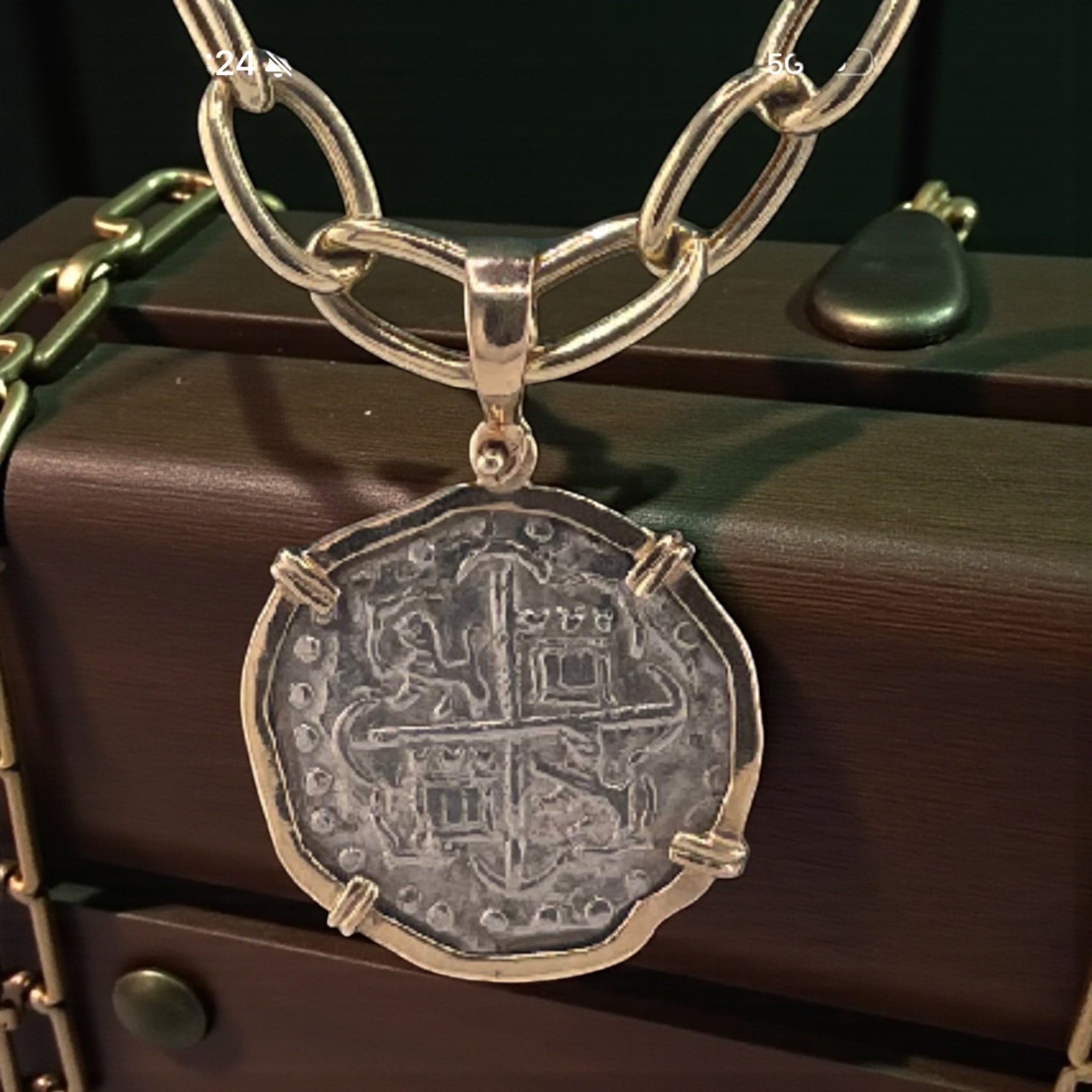 NUESTRA SENORA DE ATOCHA SILVER COIN PENDANT IN 14KT SOLID GOLD BEZEL WITH 14K REAL GOLD CHAIN 18” LONG