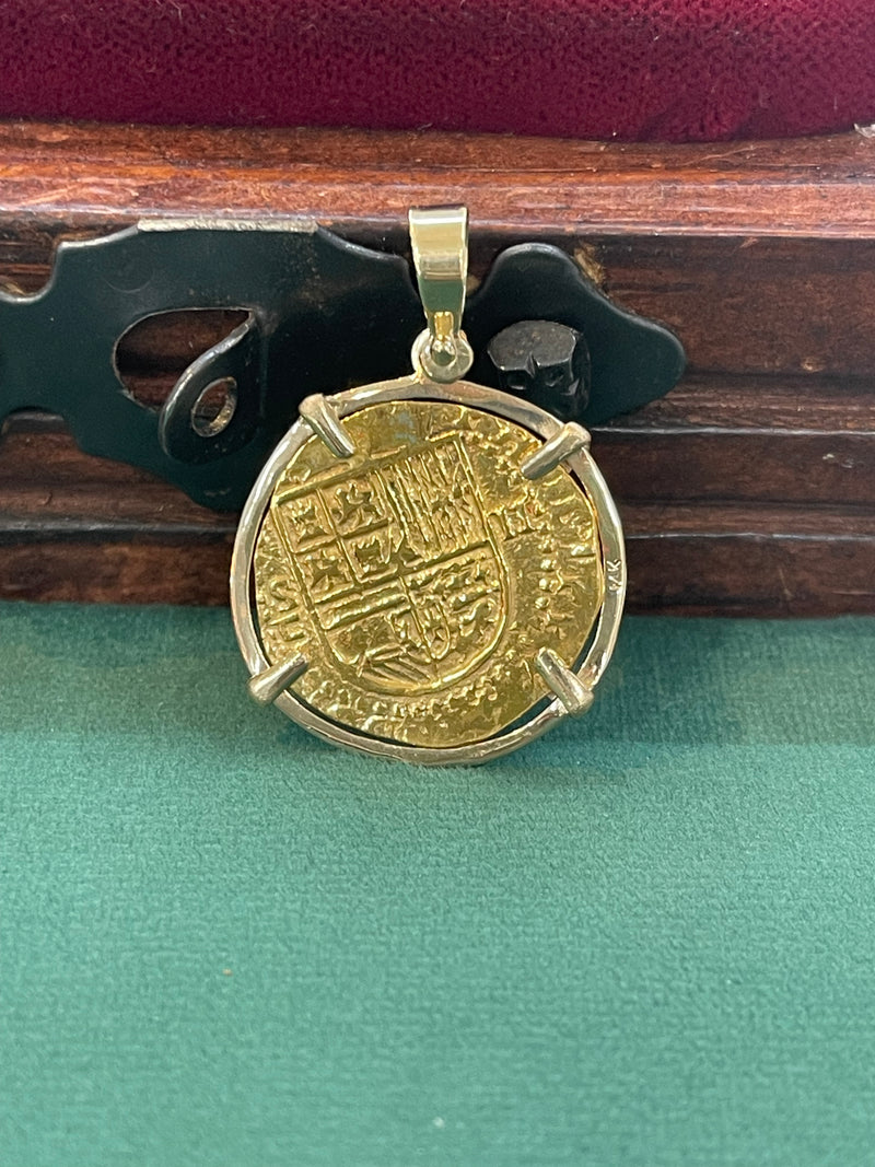 MUSEUM QUALITY RECREATION OF ATOCHA SHIPWRECK GOLD COIN PENDANT HANDMADE WITH 14k REAL GOLD