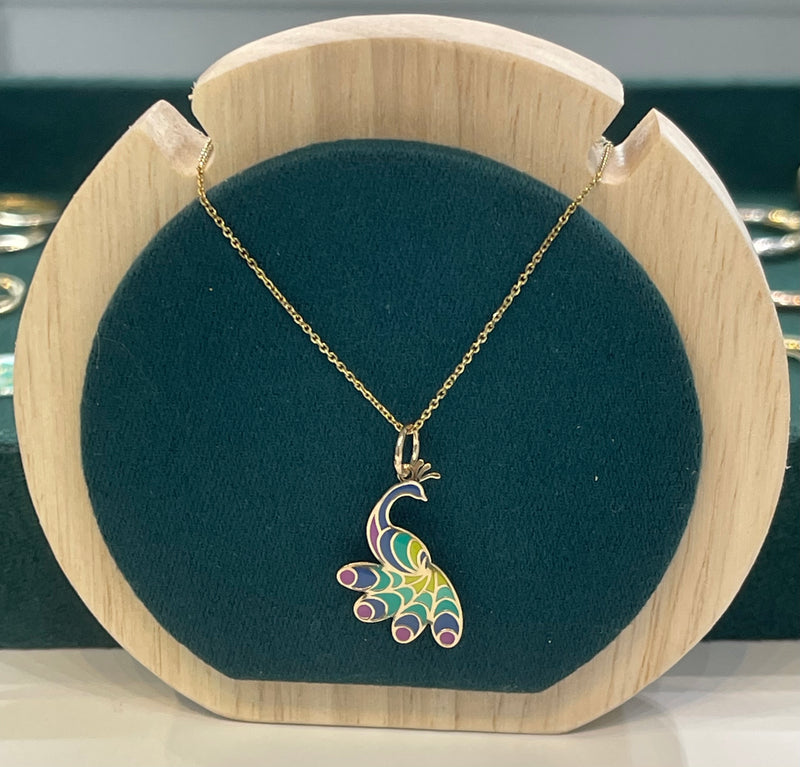 COLORFULL PEACOCK 🦚 PENDANT IN 14K GOLD WITH 14K GOLD CHAIN