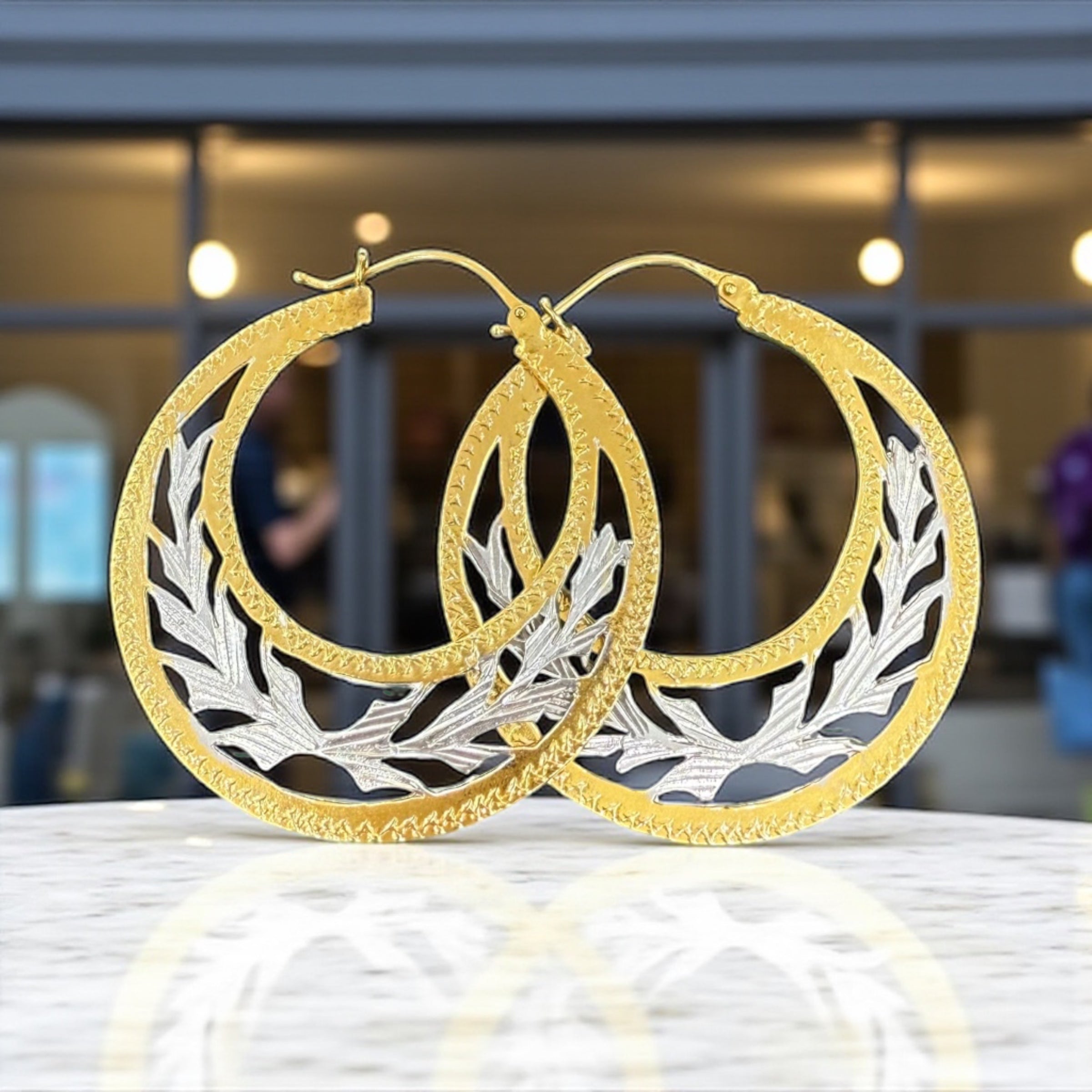 14K REAL GOLD HANDMADE JUMBO CUBAN HOOP EARRINGS TWO TONE