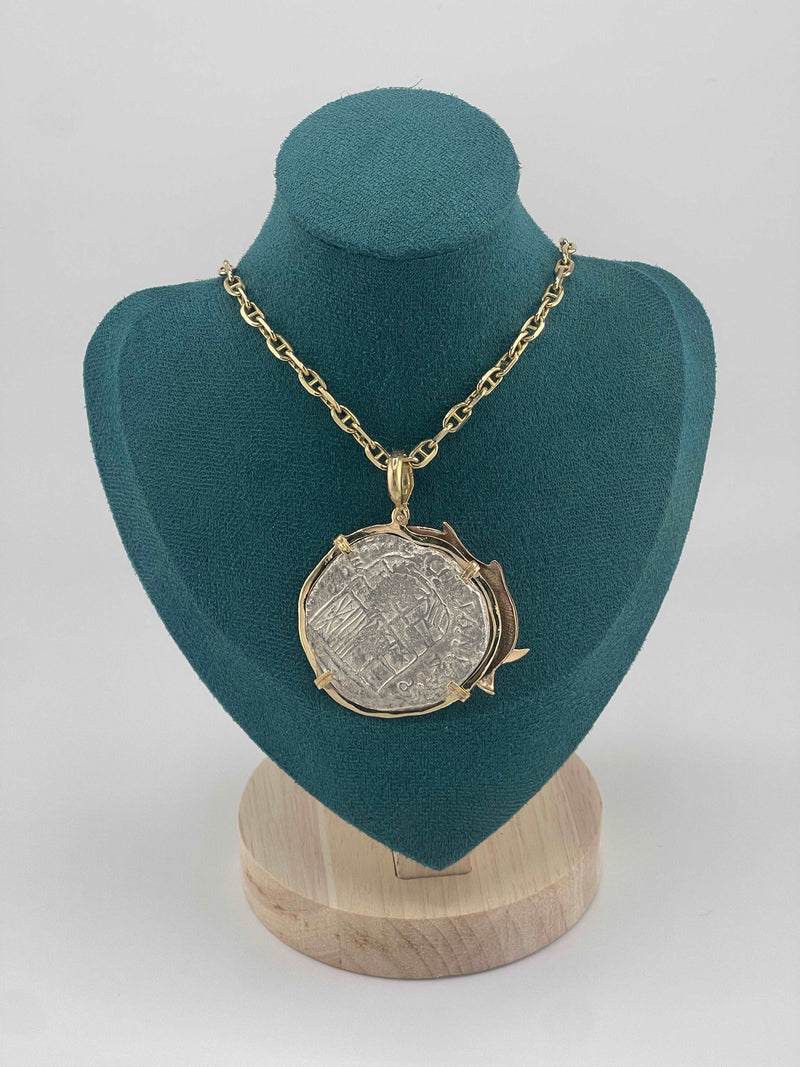 NUESTRA SENORA DE ATOCHA SOLID LARGE SILVER COIN PENDANT IN 14KT SOLID GOLD FISH BEZEL