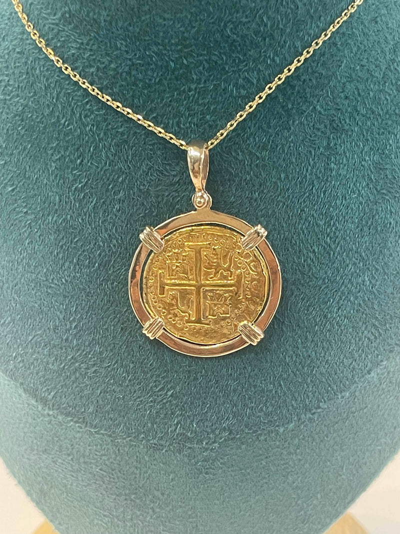 14K SOLID GOLD ATOCHA COIN PENDANT WITH 14K REAL GOLD MINI CHAIN 20”