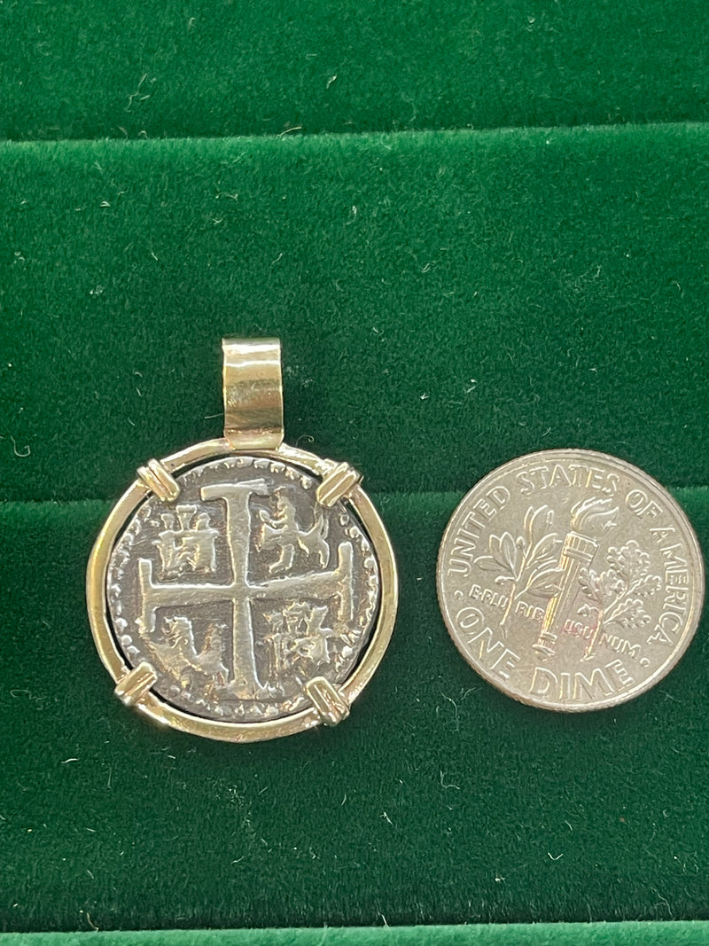 ATOCHA SILVER COIN PENDANT IN 14K REAL SOLID GOLD BEZEL HANDMADE FROM ATOCHA SILVER