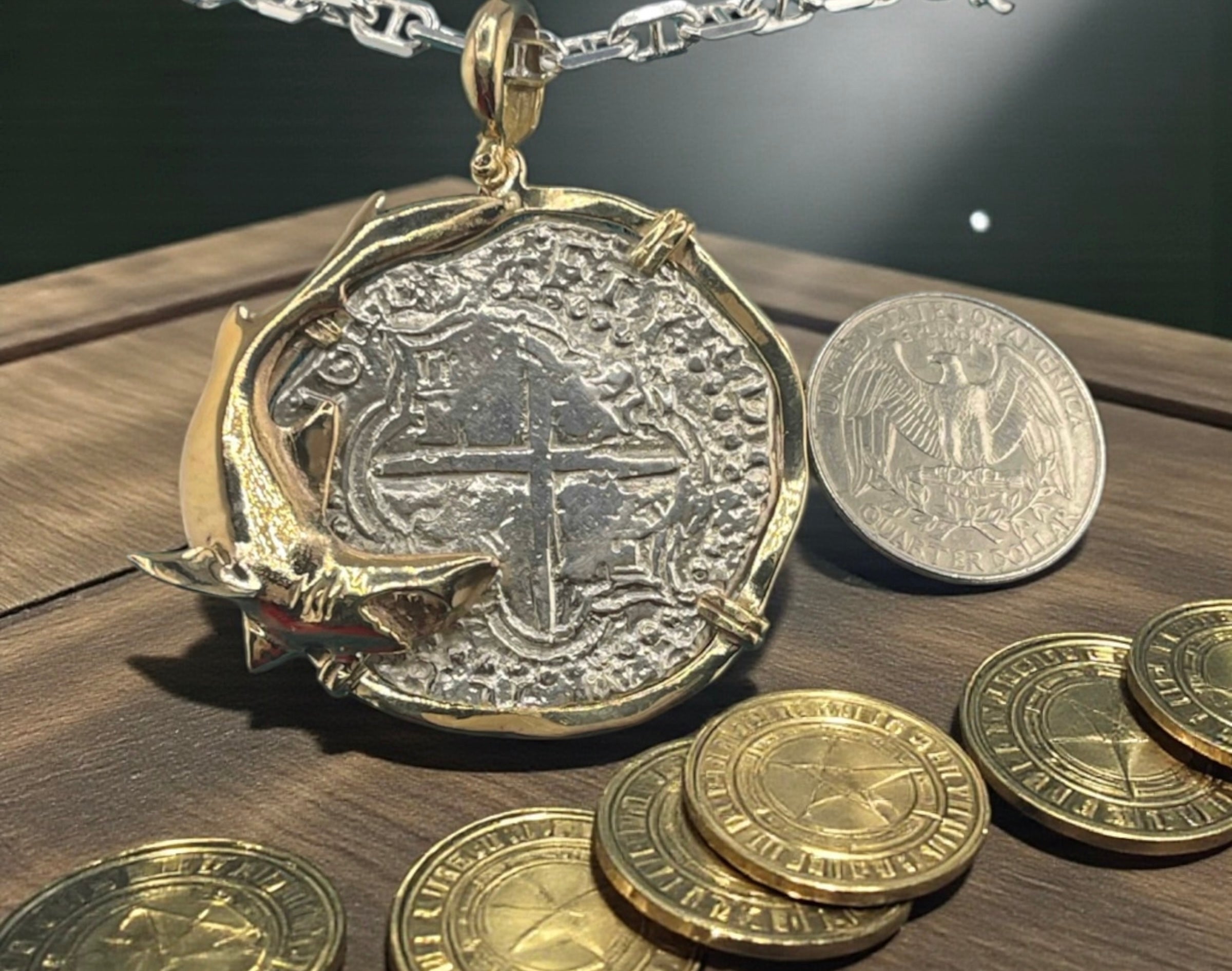 NUESTRA SENORA DE ATOCHA SOLID LARGE SILVER COIN PENDANT IN 14KT SOLID FISH GOLD BEZEL