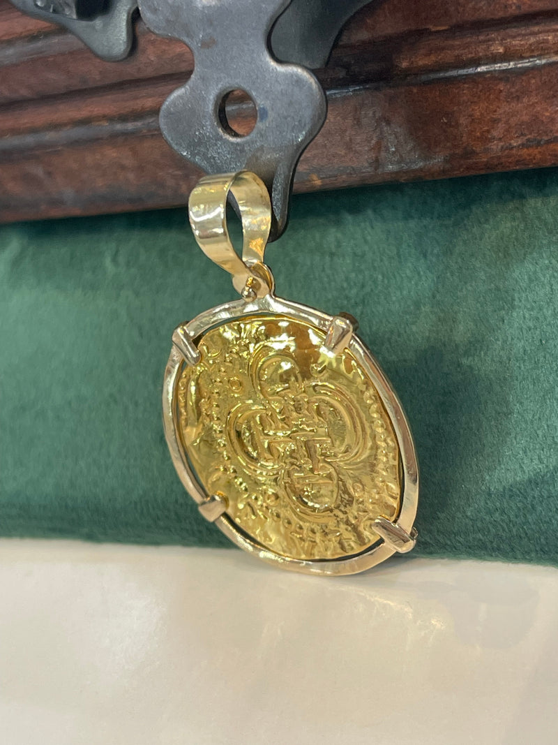 MUSEUM QUALITY RECREATION OF ATOCHA SHIPWRECK GOLD COIN PENDANT HANDMADE WITH 14k REAL GOLD