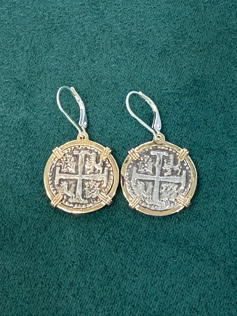 HANDMADE ATOCHA SILVER COIN EARRINGS IN 14k GOLD BEZEL