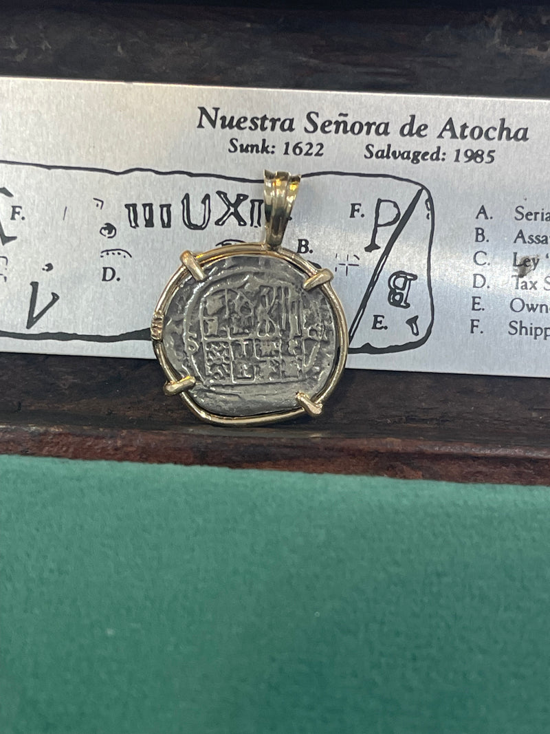 NUESTRA SENORA DE ATOCHA SILVER COIN PENDANT IN 14KT SOLID GOLD BEZEL HANDMADE WITH ATOCHA SILVER