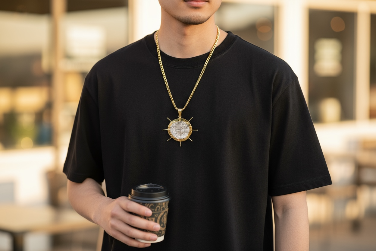 ATOCHA LARGE SILVER COIN PENDANT IN 10KT REAL GOLD SHIP’s WHEEL SETTING