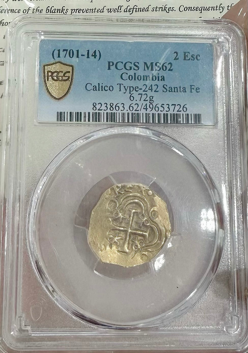 1715 SPANISH PLATE FLEET ACTUAL GOLD COIN 2 ESCUDO Artifact Number: GC24-2671 :Grade MINT STATE 62 :Mint SANTA FE DE BOGOTA