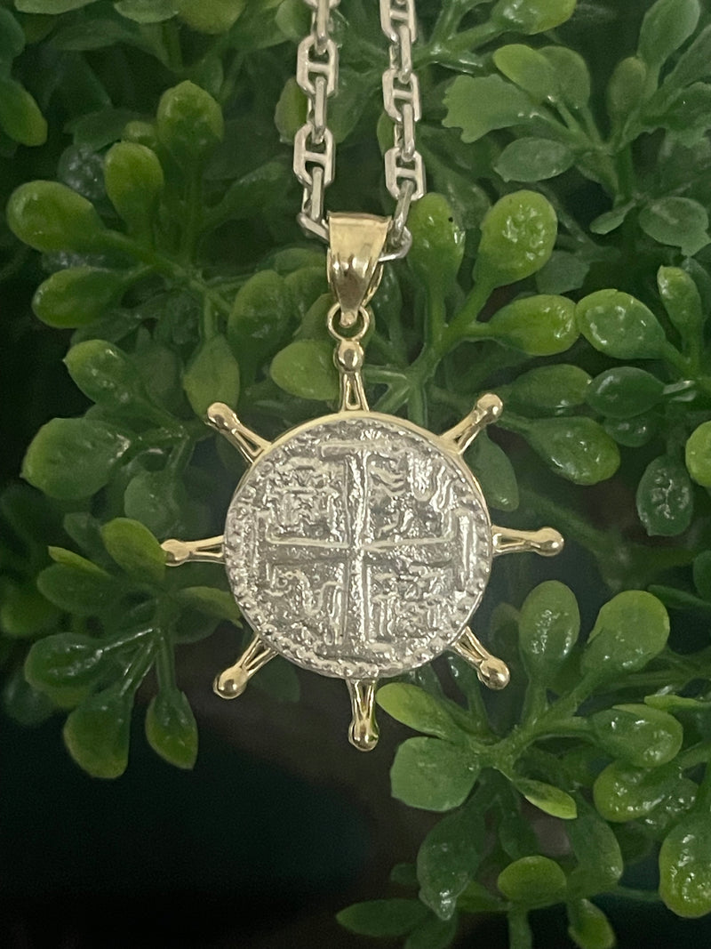 NUESTRA SENORA DE ATOCHA MINI SILVER COIN PENDANT IN 10K REAL GOLD SHIP’S WHEEL