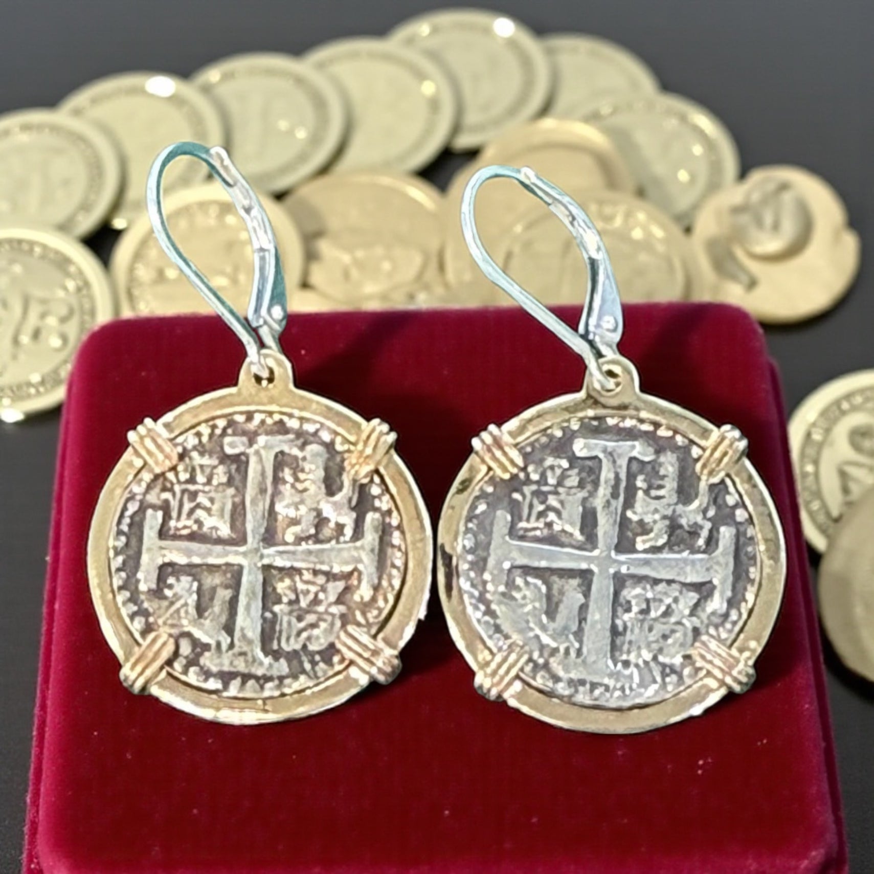 HANDMADE ATOCHA SILVER COIN EARRINGS IN 14k GOLD BEZEL