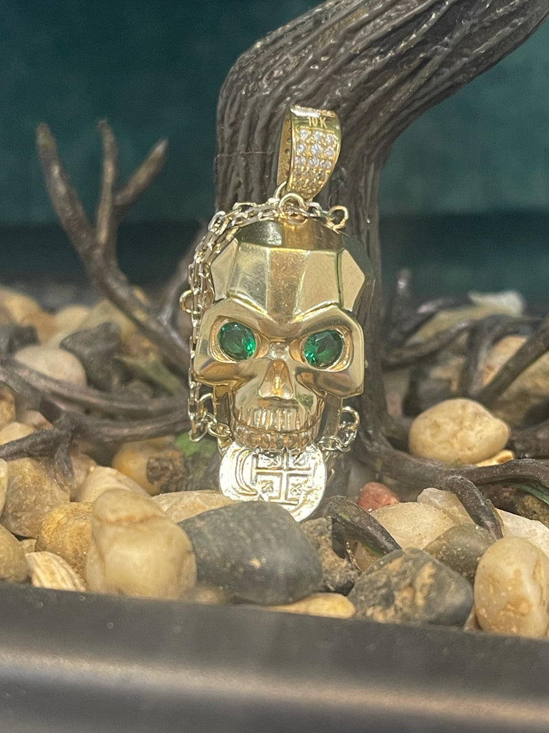 NUESTRA SENORA DE ATOCHA MINI SILVER COIN PENDANT IN 10K REAL GOLD SKULL WITH GREEN CRYSTAL EYES