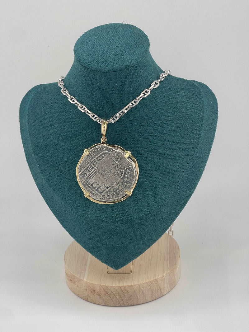 NUESTRA SENORA DE ATOCHA SOLID LARGE SIZE SILVER COIN PENDANT IN 14KT SOLID GOLD BEZEL