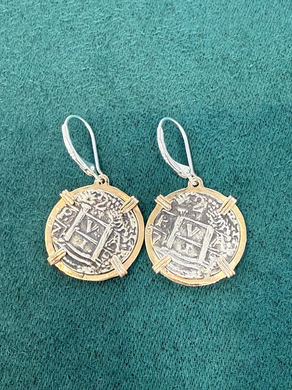 HANDMADE ATOCHA SILVER COIN EARRINGS IN 14k GOLD BEZEL