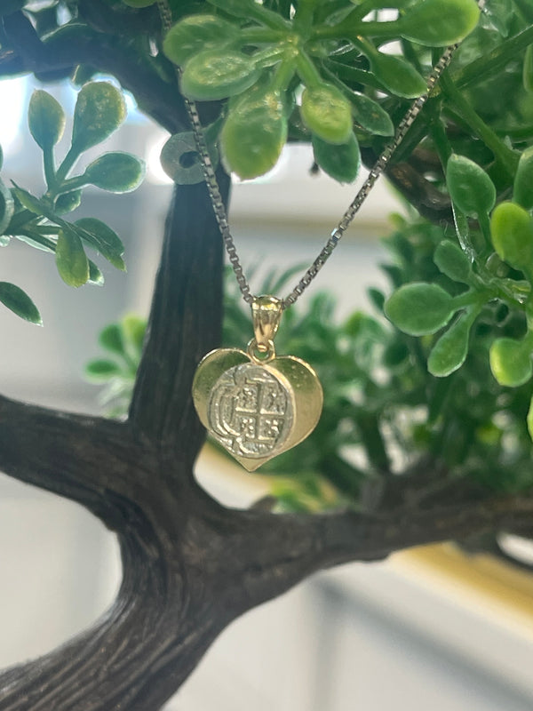 NUESTRA SENORA DE ATOCHA MINI SILVER COIN PENDANT IN 10K REAL GOLD HEART ❤️