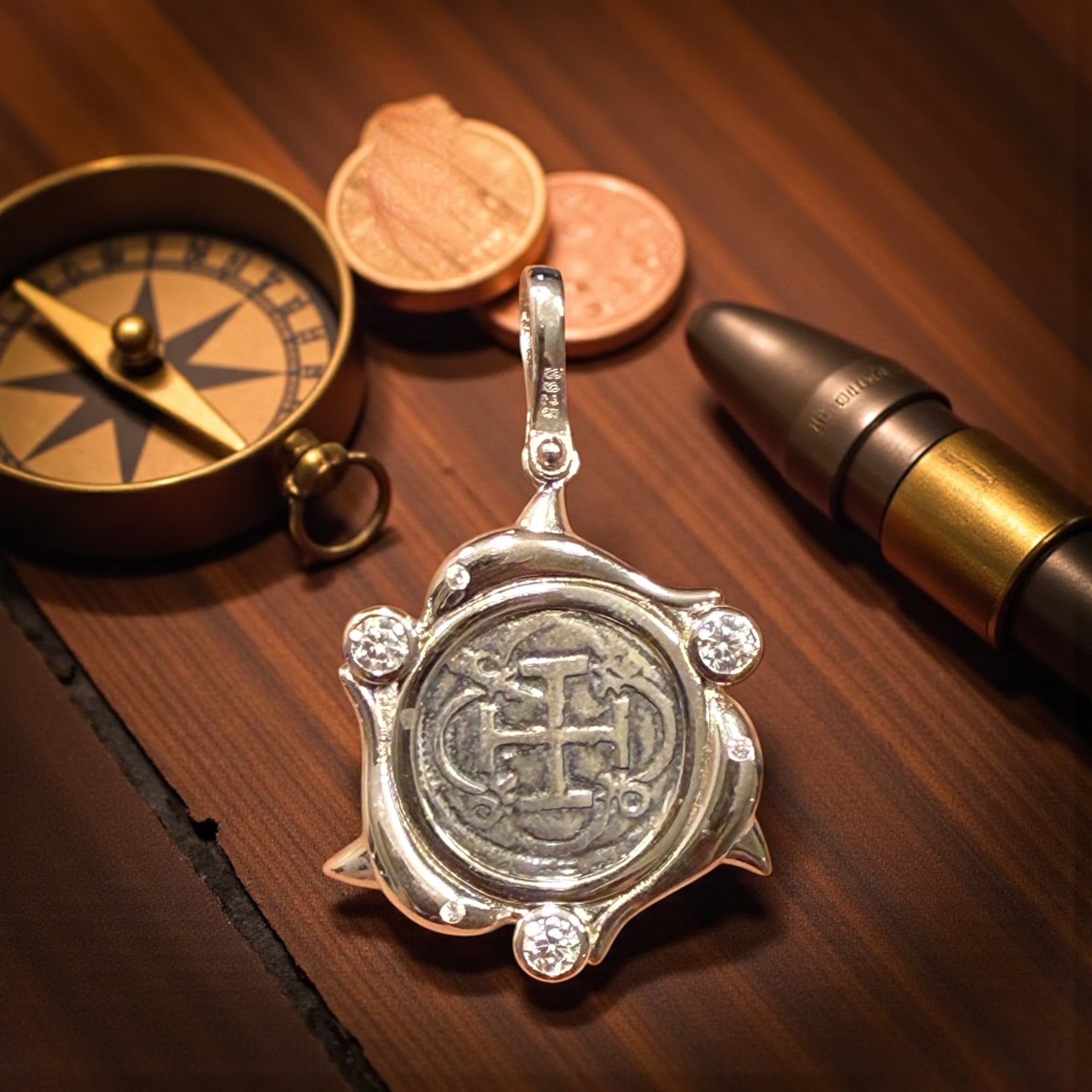 Atocha Shipwreck mini coin pendant in beautiful dolphins and crystals 21mm
