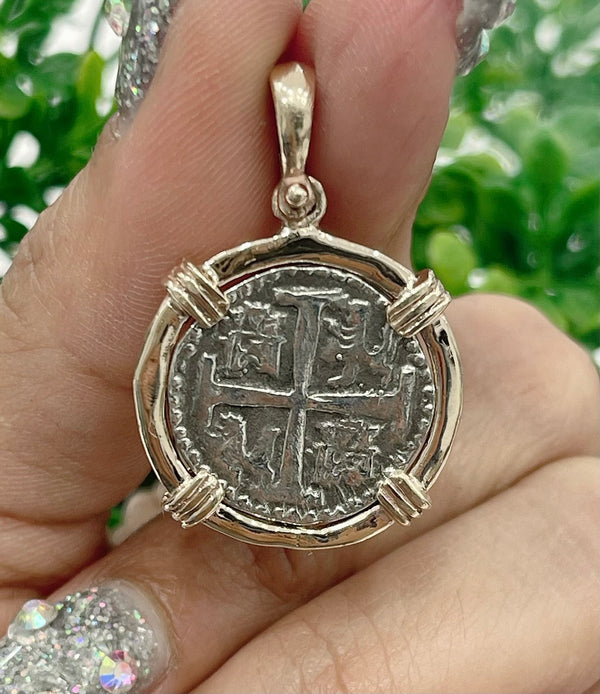 ATOCHA SILVER COIN PENDANT IN 14K REAL SOLID GOLD BEZEL HANDMADE FROM ATOCHA SILVER