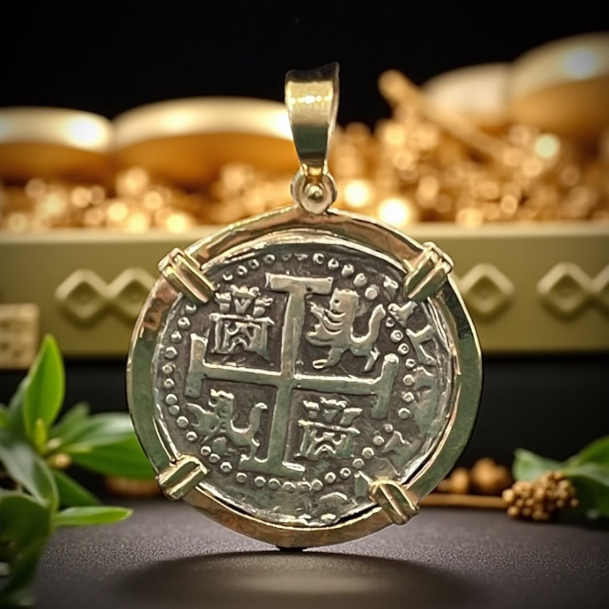 NUESTRA SENORA DE ATOCHA SILVER COIN PENDANT IN 14KT SOLID GOLD BEZEL HANDMADE WITH ATOCHA SILVER