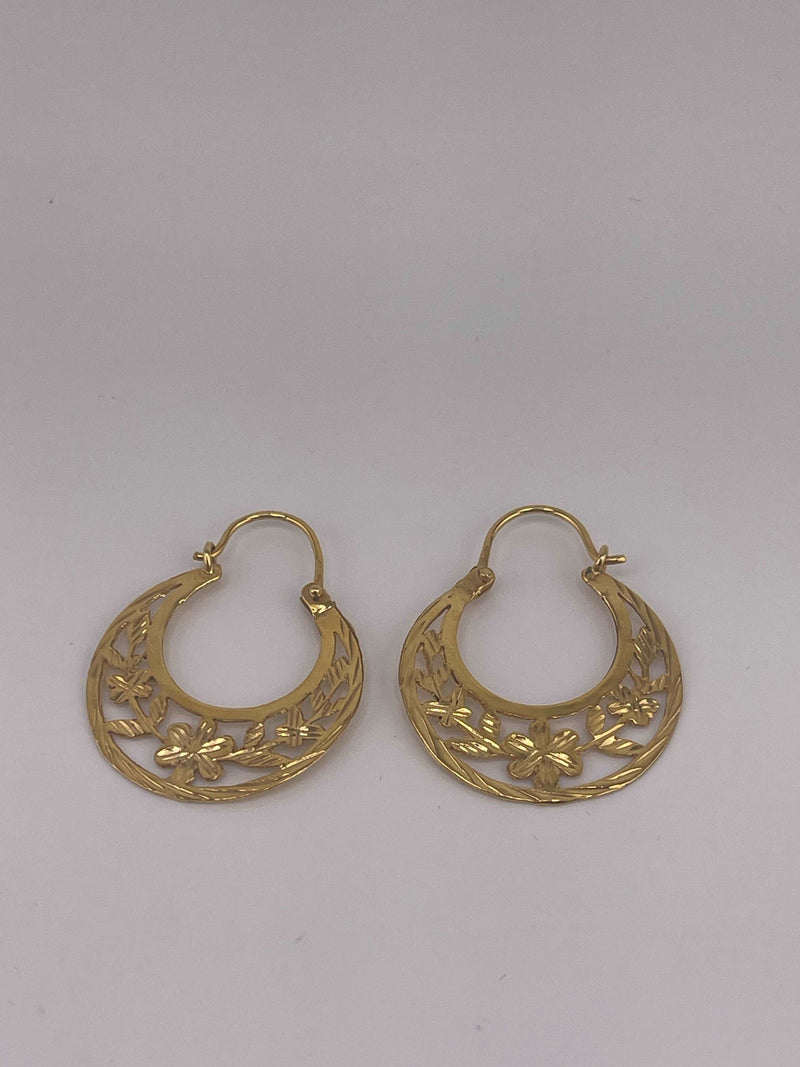 14K REAL GOLD HANDMADE FLOWER CUBAN HOOP EARRINGS QUARTER SIZE