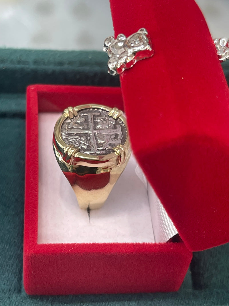 NUESTRA SENORA DE ATOCHA SILVER COIN RING IN 14k SOLID REAL GOLD BEZEL AND BAND