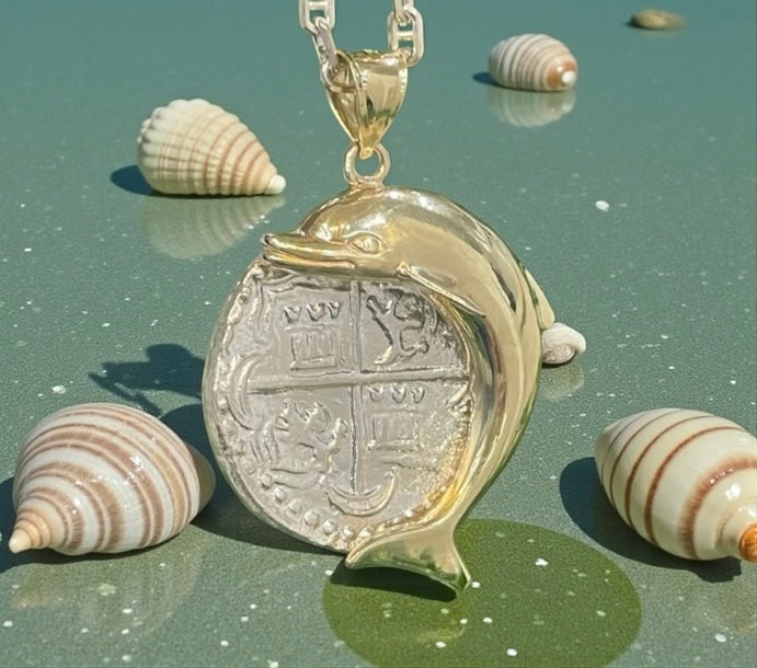 NUESTRA SENORA DE ATOCHA  SILVER COIN PENDANT IN 10KT GOLD FISH BEZEL