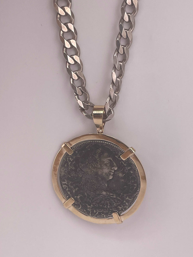 ACTUAL EL CAZADOR COIN PENDANT IN 10K SOLID REAL GOLD BEZEL GRADE 2