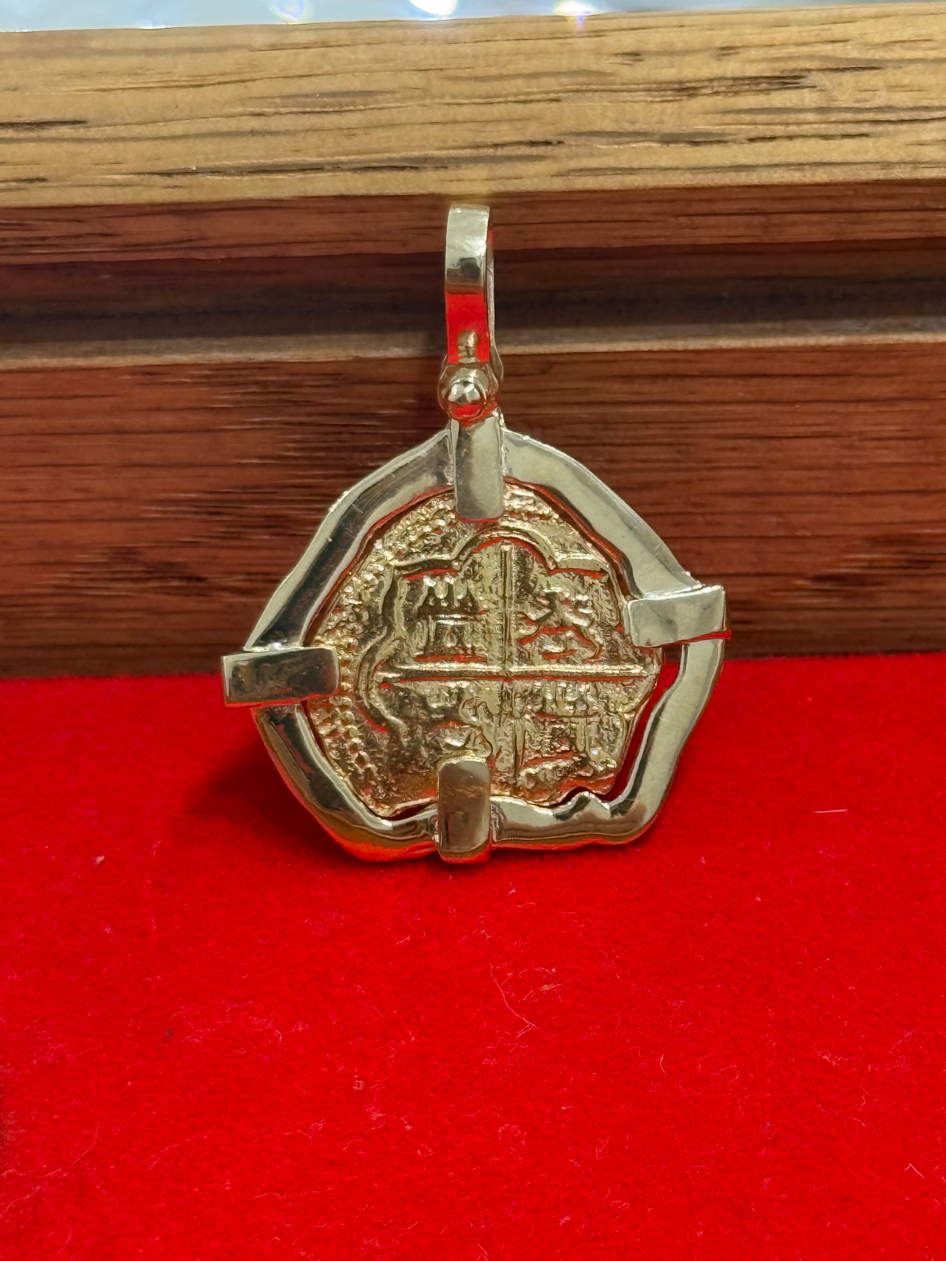 MUSEUM QUALITY RECREATION OF ATOCHA SHIPWRECK GOLD COIN PENDANT HANDMADE WITH 14K REAL GOLD