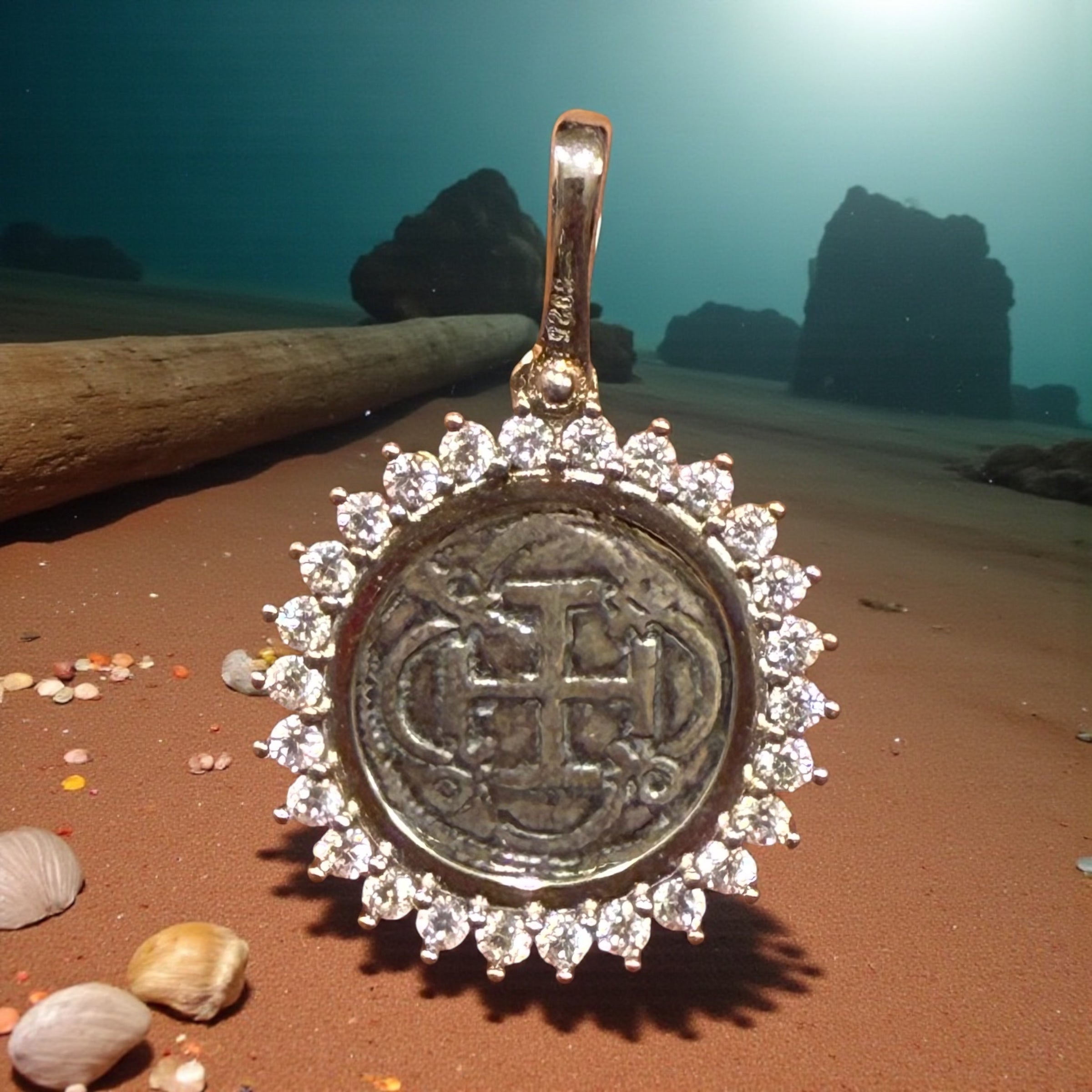 Gorgeous Atocha Shipwreck coin pendant in sparkling crystals 22mm