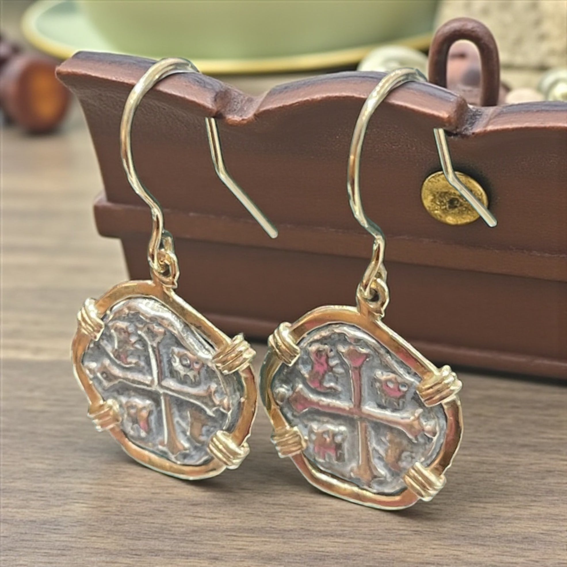 ATOCHA SILVER COIN HOOK DANGLE EARRINGS IN 14k GOLD BEZEL AND 14K GOLD HOOK