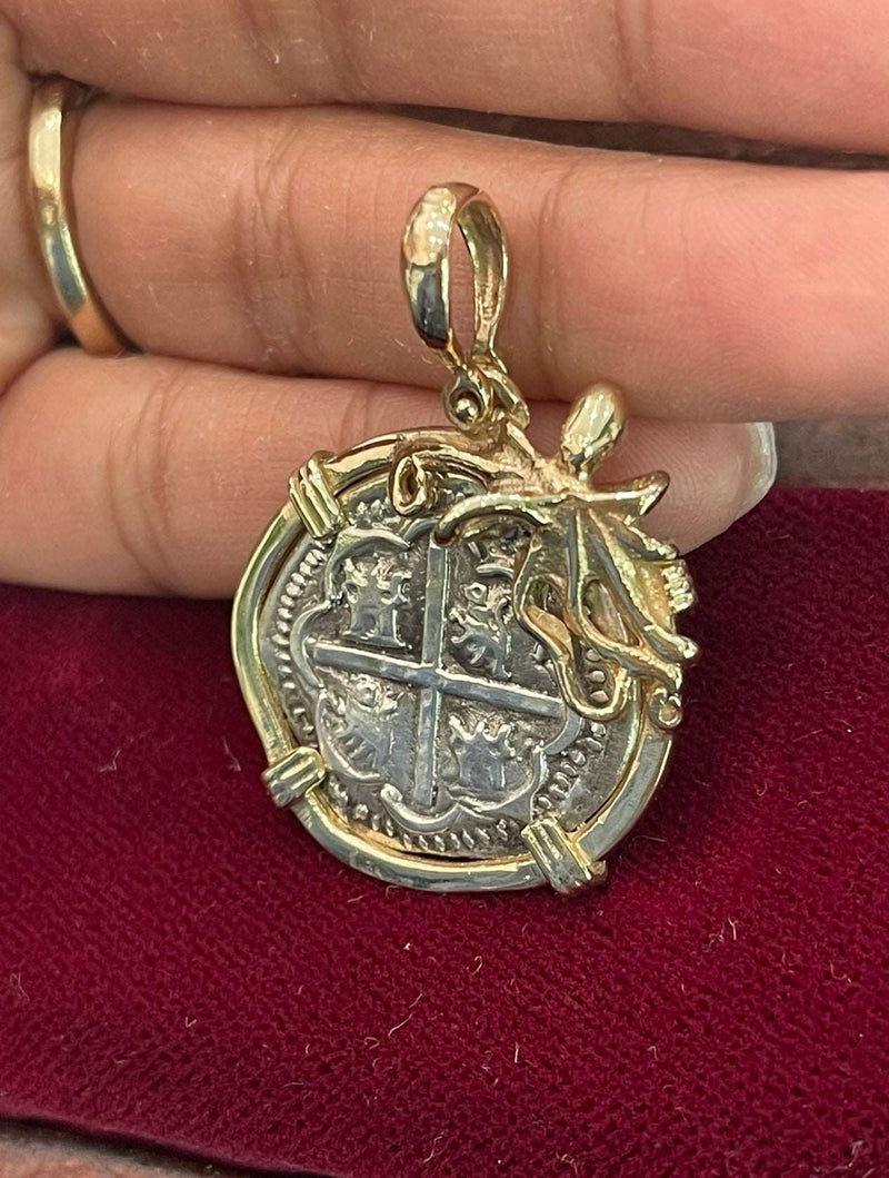 NUESTRA SENORA DE ATOCHA SILVER COIN PENDANT IN 14KT SOLID GOLD OCTOPUS BEZEL