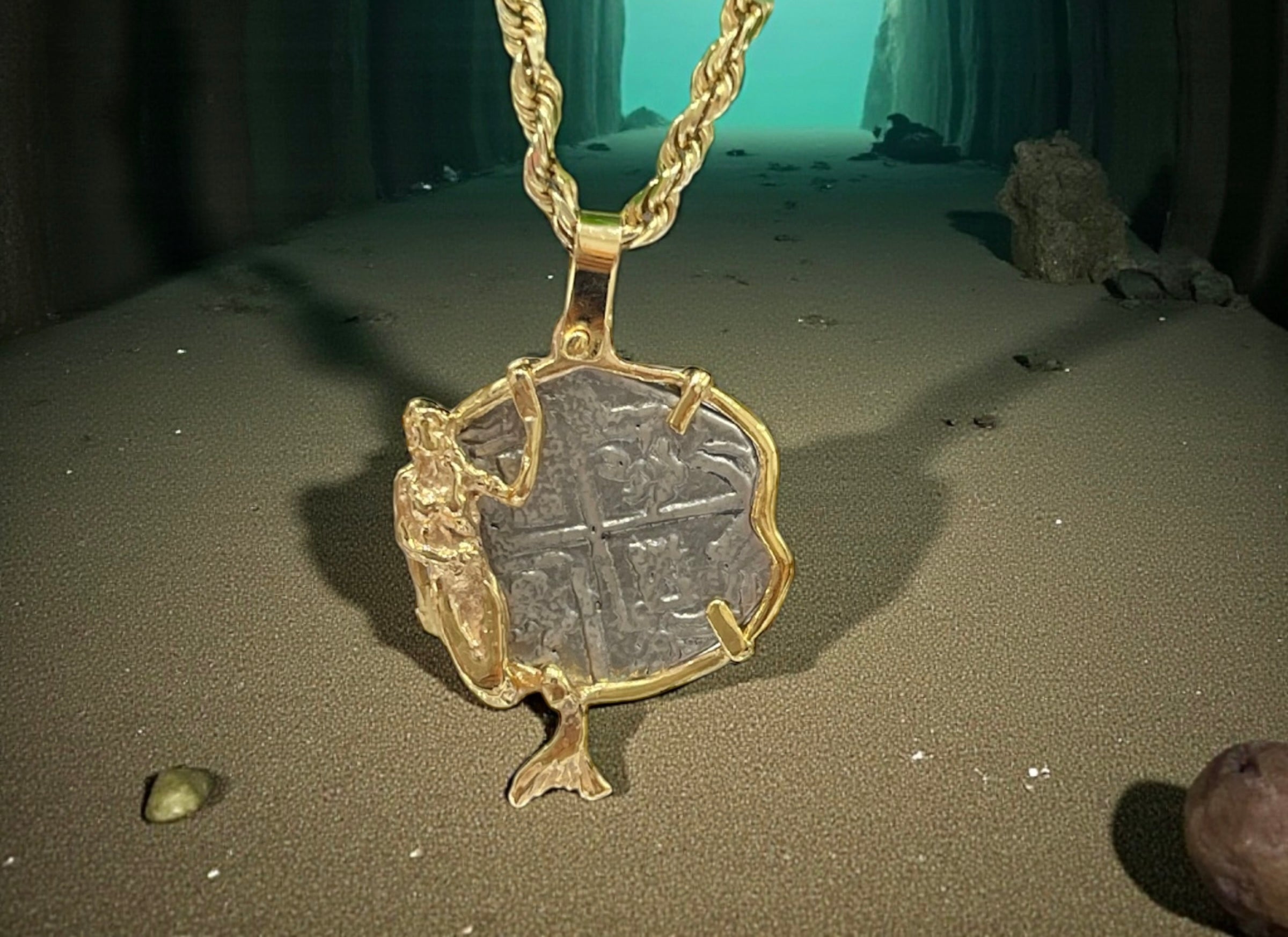 ATOCHA SHIPWRECK SILVER COIN PENDANT IN 14KT SOLID REAL GOLD MERMAID BEZEL