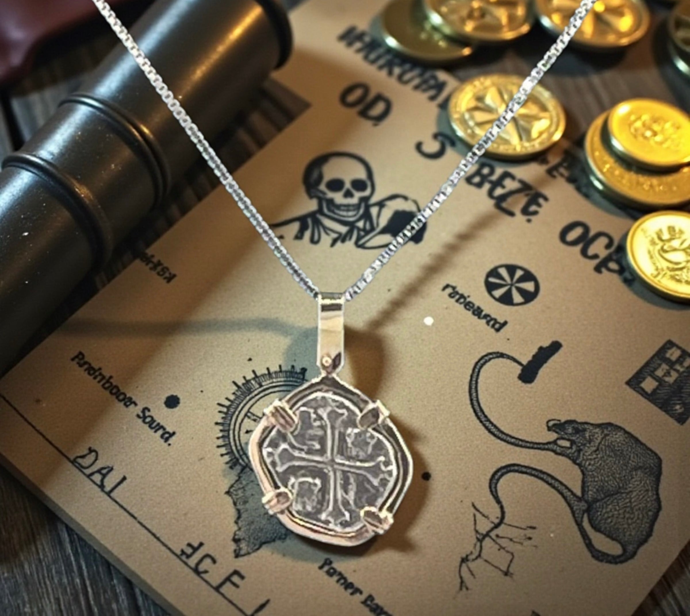 NUESTRA SENORA DE ATOCHA MINI SILVER COIN PENDANT IN 14KT GOLD BEZEL