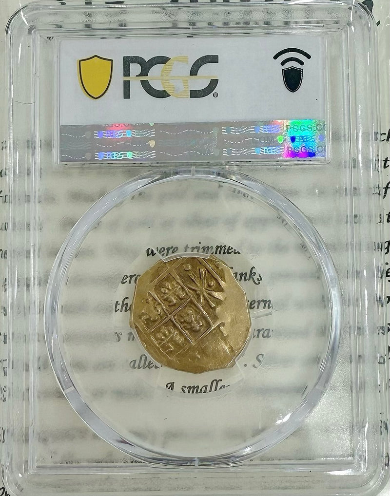 1715 SPANISH PLATE FLEET ACTUAL GOLD COIN 2 ESCUDO Artifact Number: GC24-2671 :Grade MINT STATE 62 :Mint SANTA FE DE BOGOTA