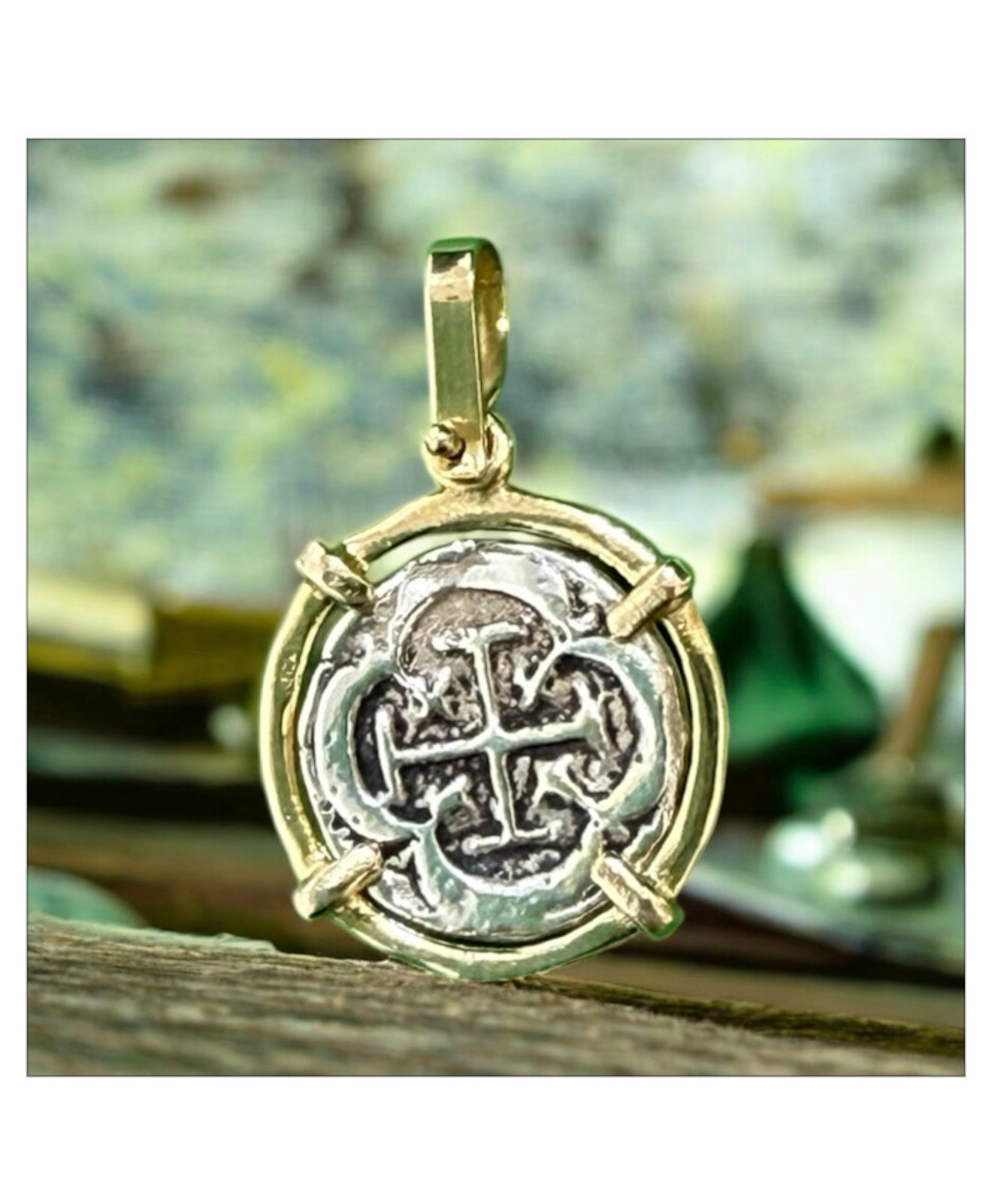 ATOCHA SILVER MINI LIGHT WEIGHT COIN PENDANT  IN 14K REAL GOLD BEZEL 12MM