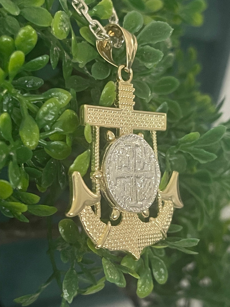 NUESTRA SENORA DE ATOCHA MINI SILVER COIN PENDANT IN 10K REAL GOLD ANCHOR