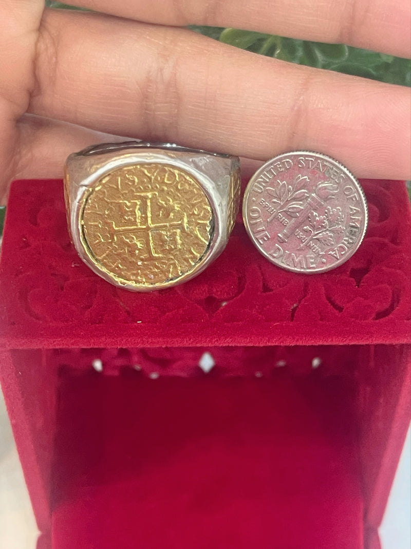 NUESTRA SENORA DE ATOCHA SILVER SOLID HEAVY COIN RING IN 14k GOLD PLATED COINS