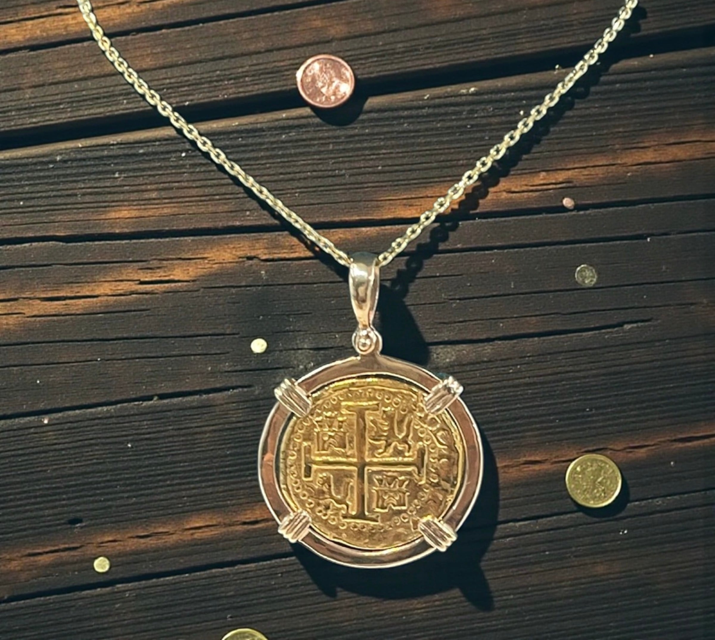 14K SOLID GOLD ATOCHA COIN PENDANT WITH 14K REAL GOLD MINI CHAIN 20”