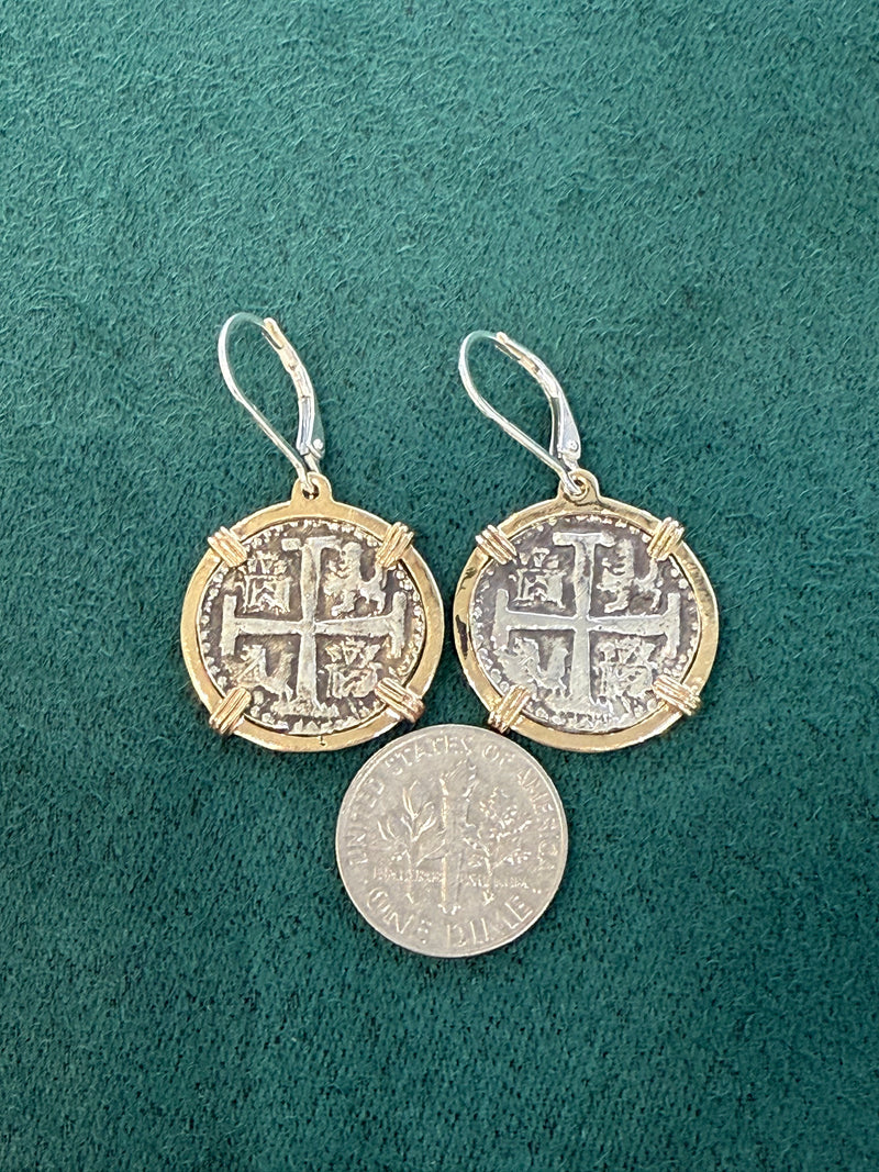 HANDMADE ATOCHA SILVER COIN EARRINGS IN 14k GOLD BEZEL