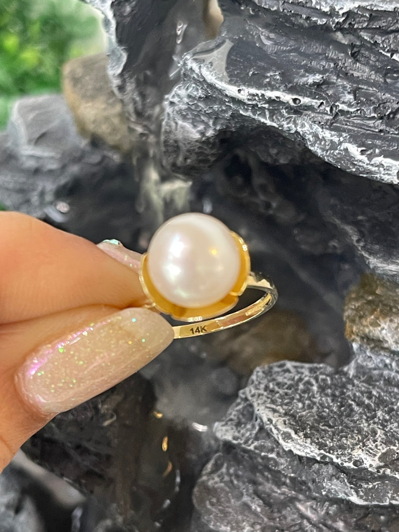 🌺FRESH WATER GENUINE PEARL RING IN 14K REAL GOLD FLOWER SETTING🌺